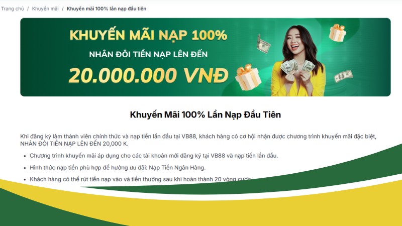 Nền tảng tặng 100% giá trị nạp đầu cho thành viên VB88 mới